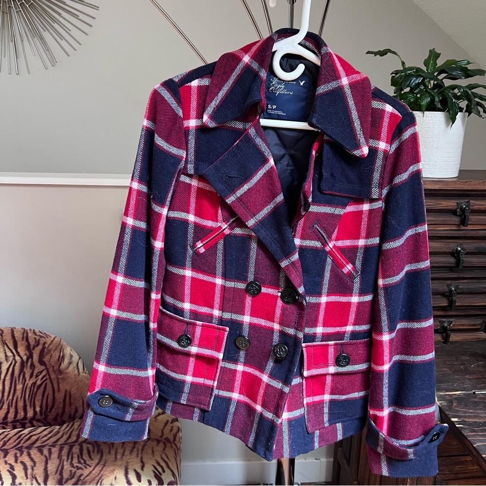 American Eagle Women's Plaid Pea Coat Red and Blue